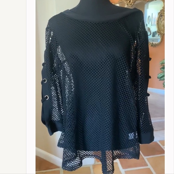 Black Mesh Sheer Knit Top Silver Grommet Sleeve Details NWT Edgy Goth Size Large - Picture 10 of 10